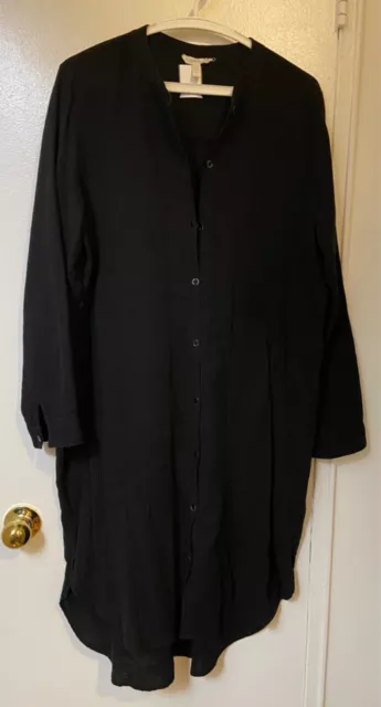 EILEEN FISHER Black Gauzy Crinkle Organic Cotton Button Shirt Dress sz L