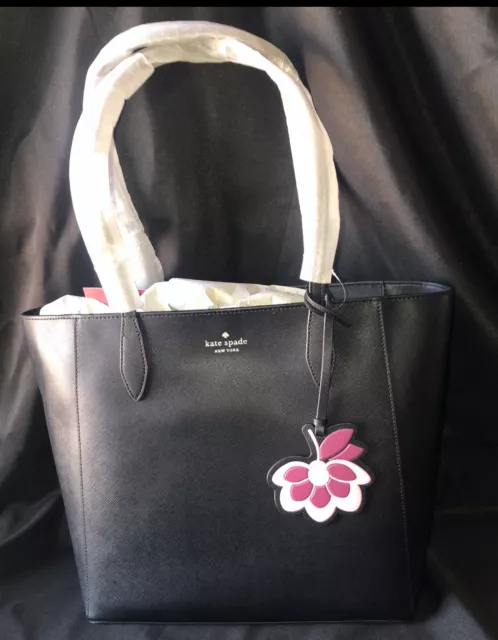 Kate Spade NY Dana Top Zip Shoudler Tote Bag Saffiano Leather Black Pansy  Charm