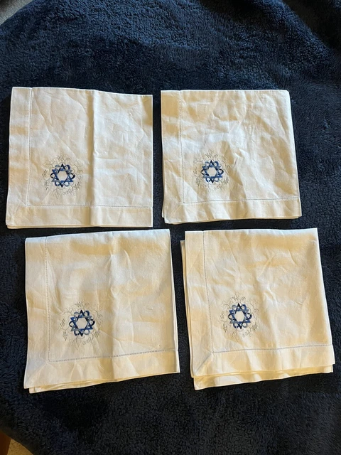 Juego de 4 servilletas temáticas de Hanukkah azul plata bordada estrella de David lino NUEVO