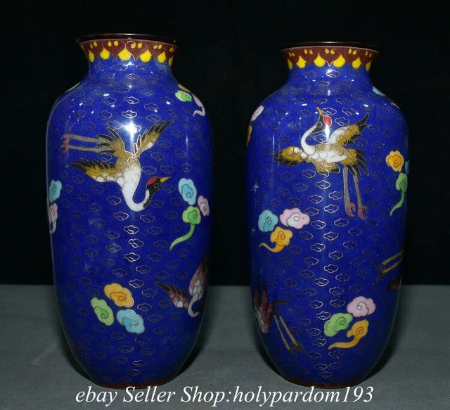 6" Qianlong Marked Old Chinese Bronze Cloisonne Dynasty Cranes Bottle Vase Pair