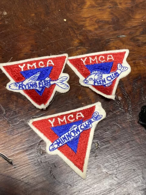 (3) Vintage 1950s YMCA FISH CLUB PATCH LOT Youth Triangle Camp VARIATIONS