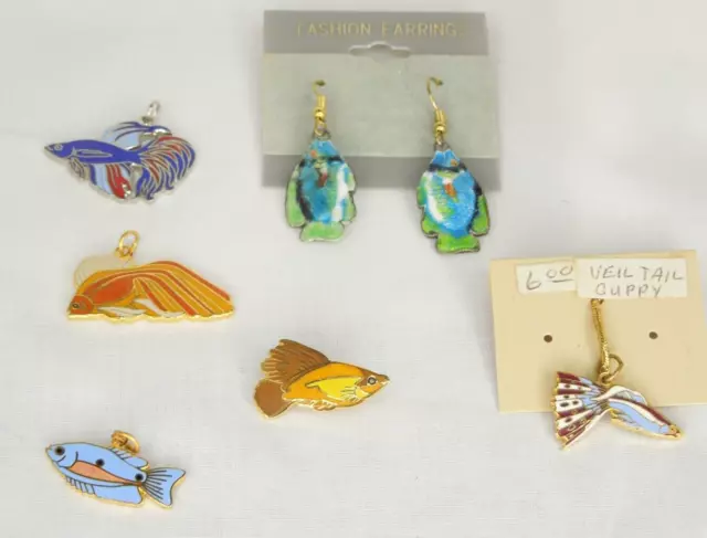 6 Enamel Cloisonne Fish 4 Charms, 1 pin & 1 pair Pierced dangle Earrings *M