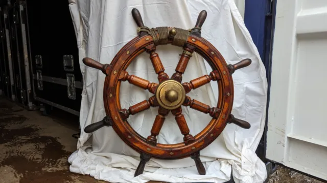 Original Irish Trawler Ships Wheel Brass Wood Steering Very Rare Unique Antique 2