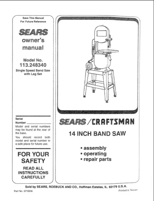 Owner’s Manual & Parts List Sears Craftsman  14” Band Saw - Model 113.248340