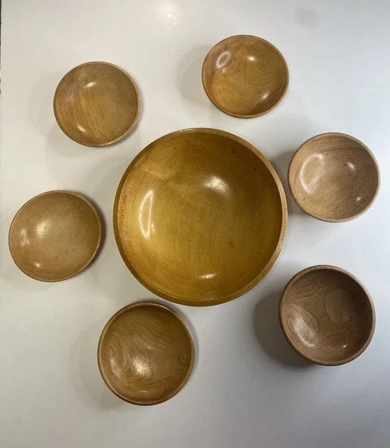 Vintage Wooden Salad Bowl (10”) Set Serving Bowl With 6 Salad Bowls (6”)