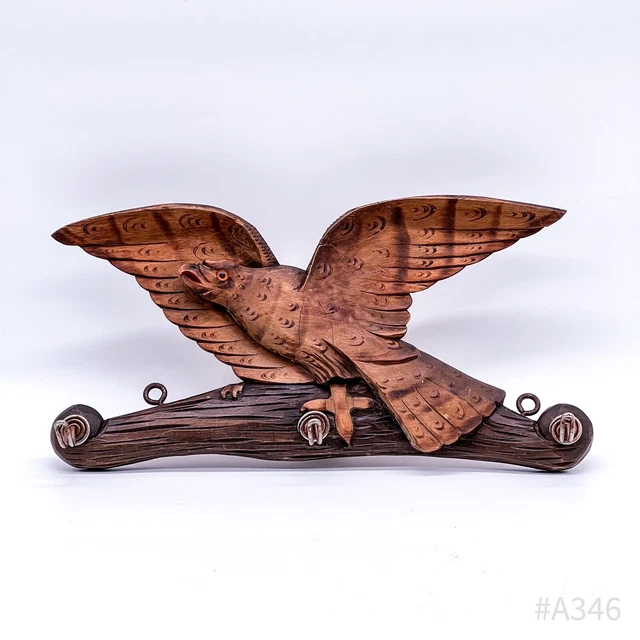 Vintage Jagd-Garderobe Listón de Ganchos „Pájaro“ Madera, Mano Tallada 33x17cm