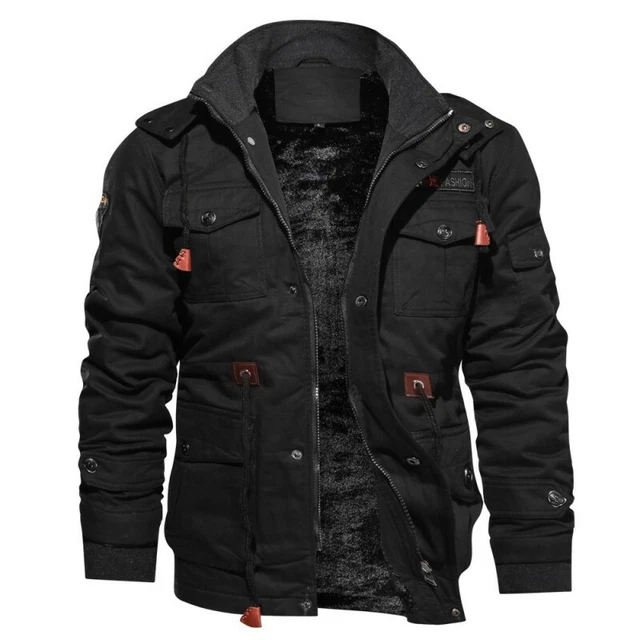 Mens Fashion Winter Coats Lined Warm Hooded Cotton Jacket Multi Pockets Outwear