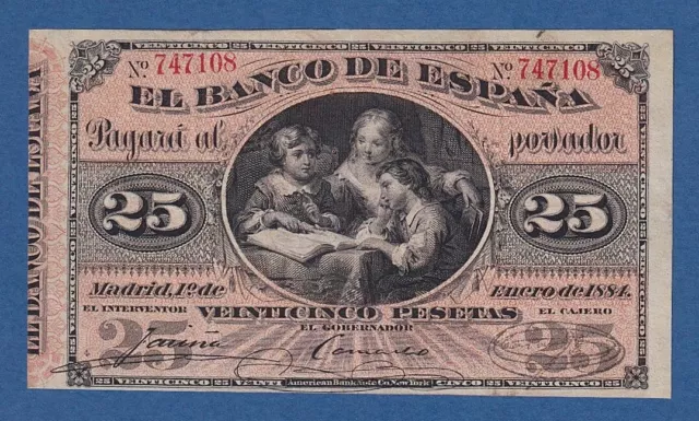 España // Spain -- 25 Pesetas ( 1 Enero 1884 ) -- Mbc- // Vf -- Pick 24 .