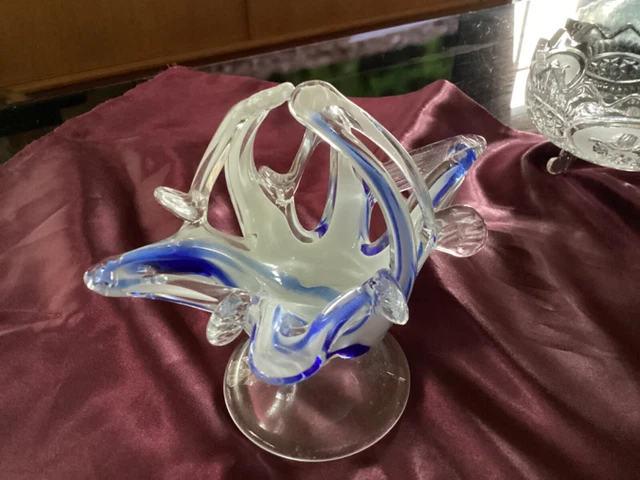 Blue White Decorative Free Form Glass Bowl / Basket Vintage Retro FREE SHIPPING