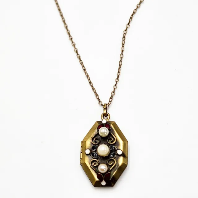 Vintage Hobe Czech Enamel Locket Faux Pearl Bead 18" Necklace Antiqued Gold Tone