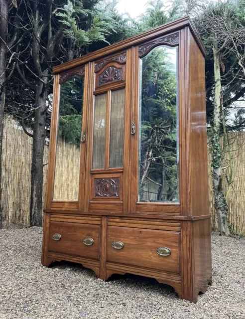 Antique Art Nouveau Edwardian Mirrored Carved Oak Triple Wardrobe Armoire #M