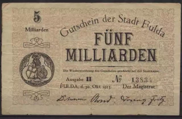 [22909] - NOTGELD FULDA, Stadt, 5 Milliarden Mark, 30.10.1923, Keller 1661p, geb