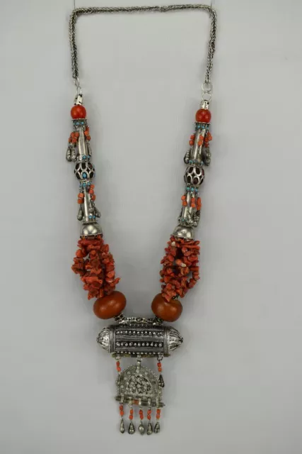 Antique Ethnic Islamic Arabic Silver Necklace Pendant With Red Coral