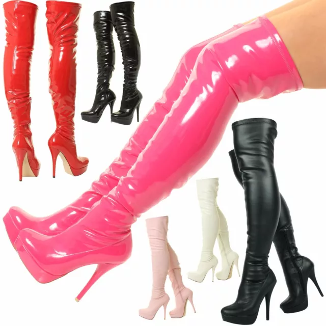 Sexy Kinky Fetish Patent Stilletos Heels Thigh High Over The Knee Stretch Boots
