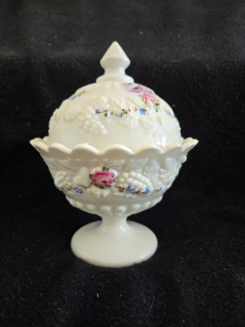 Vintage Westmoreland Handpainted Roses and Bows Milk Glass Candy Dish Compote