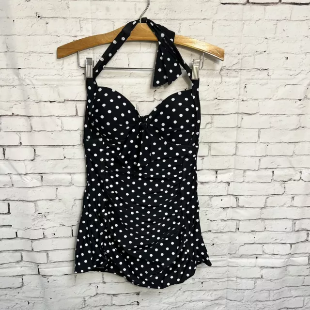 Merona Black White Polka Dot Swim Dress One Piece Halter Pinup Small