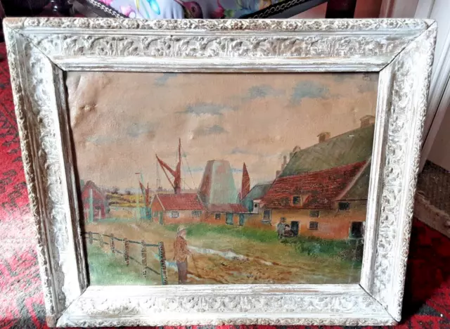 Early 19th century c1820 folk art oil painting and carved wood frame