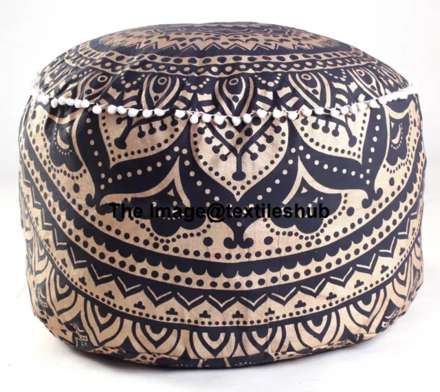 Indian Black Gold Ombre Mandala Ottoman Pouffe Foot Stool Pouf Round Floor Pouf