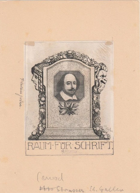 Design Exlibris Bookplate Etching Conrad Strasser 1876-1954 Shakespeare