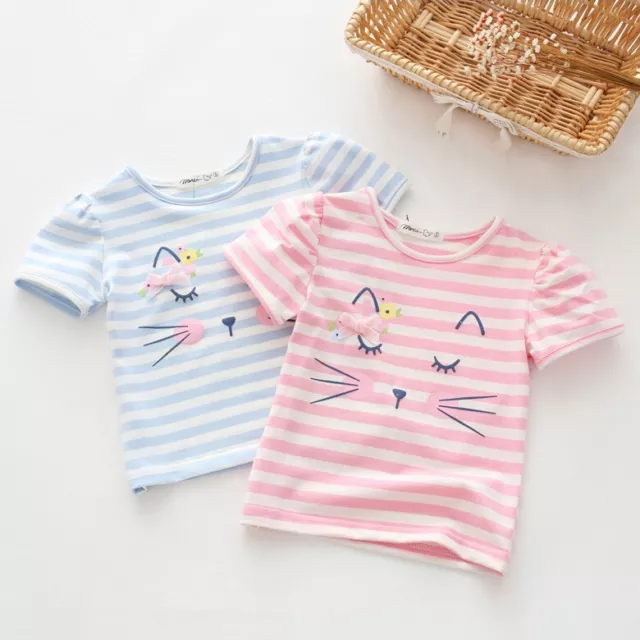 USA Toddler Kids Baby Girl Summer Tops T-shirt Cotton Striped Cat Face Shirts