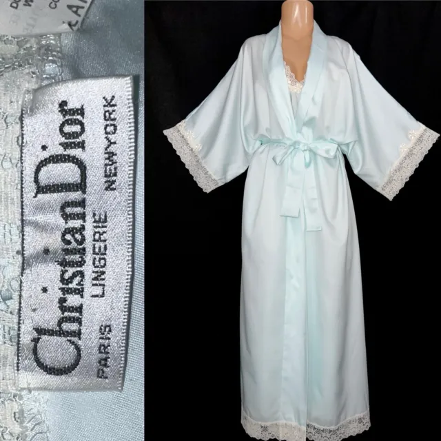CHRISTIAN DIOR Vintage Peignoir Set L  Nightgown & Robe Lace Blue Gown Lingerie