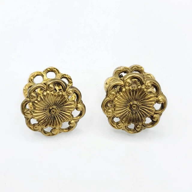 2 Antique Style  Solid Brass  ROUND KNOBS Ornate FLORAL 1 5/8" dia.