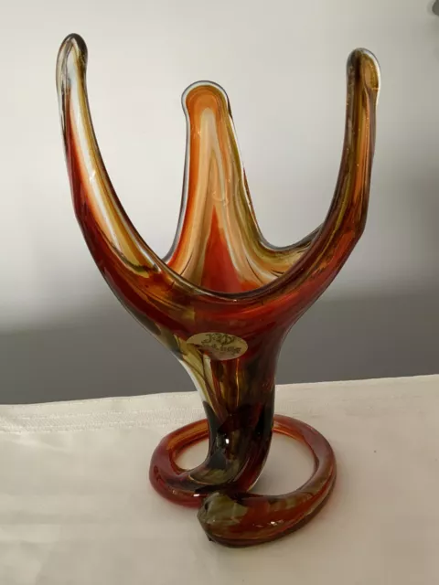 MCM Brilliant Orange Red YellowJolly Glassblowers Art Stretched Glass Bowl Vase