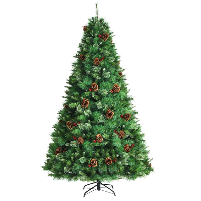COSTWAY 8FT PRELIT Hinged Artificial Christmas Tree w/Red Berries&Pine