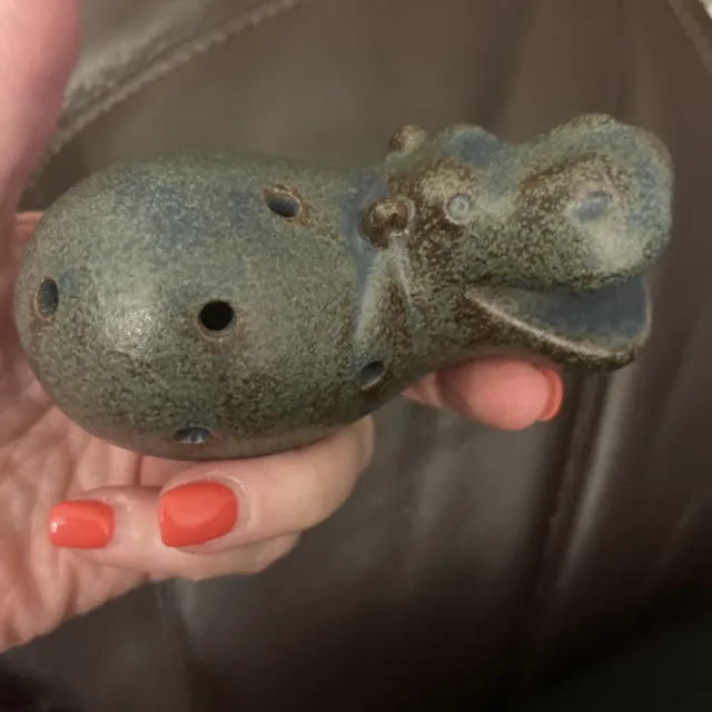 Stoneware Pottery Hippopotamus  Hippo Figurine Blue Green Brown ~4.5x2”