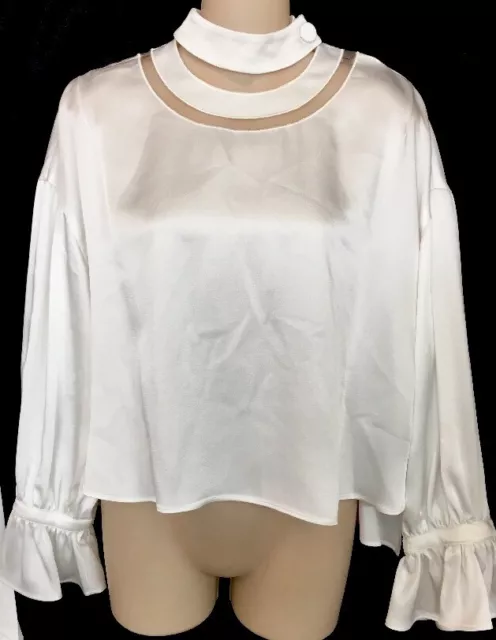 Fendi Blouse  White Silk High Collar/Net Ruffle Cuff Size40 NWT $1250