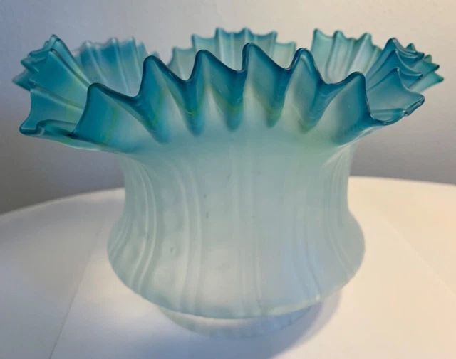 Antique Victorian Glass Blue and Yellow Ruffled Oil Gas Lamp Shade 4 inch fitter