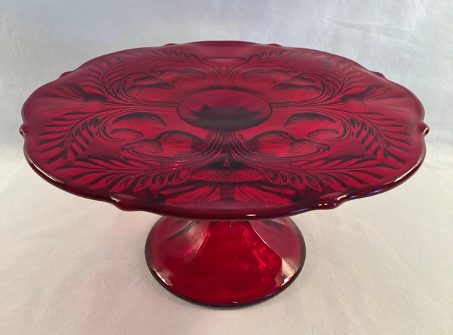 Vintage Mosser Ruby Red Glass  Inverted Thistle Cake Plate  Pedestal  Stand