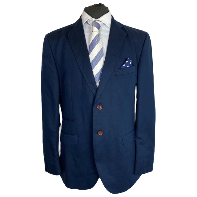 Giacca blazer abbigliamento equipaggio 42"" lino marino cotone blu matrimonio polsini da lavoro