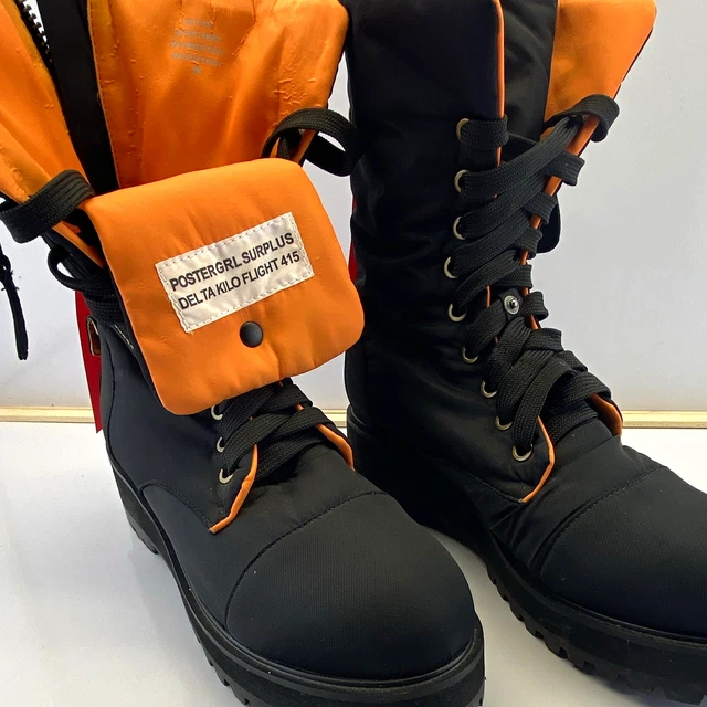 POSTERGRL UNISEX COMBAT Mid-Calf Boots Lace-Up Zip Black/Orange UK 5.5 ...