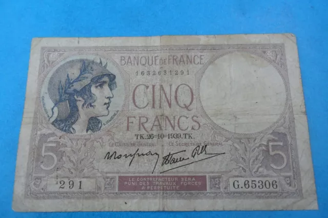 FRANCE -  Billet de 5 Francs Violet du 26/10/1939