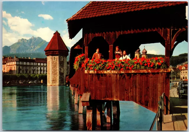 Vintage Postcard Continental Size Chapel Bridge & Mount Pilatus Lucerne Swiss