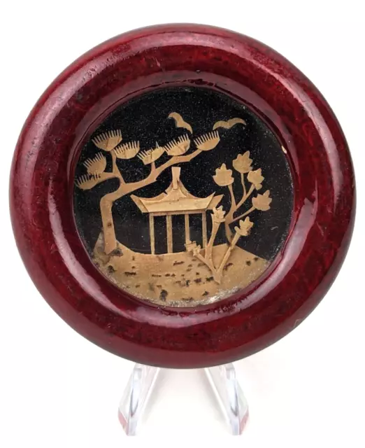 Vintage Hand Carved Cork Diorama 3D Shadow Box Red Lacquer Silk Bottom #C3