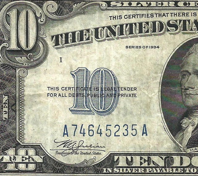 1934 $10 BLUE Seal SILVER Certificate! (~VF~) Old US Paper Money Currency!