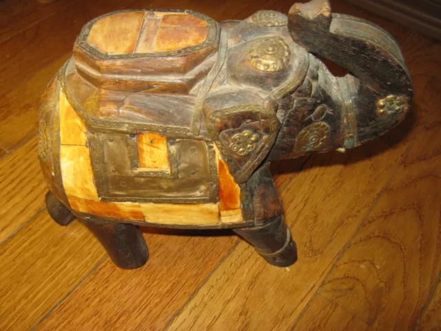 Antique Vintage Indian Hand Carved Wood Bone Inlay Brass Metal Elephant