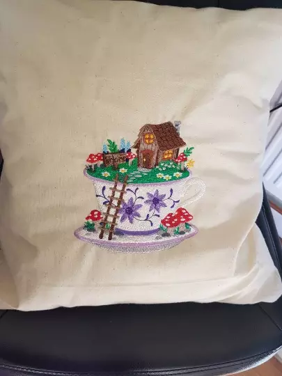 Embroidered Fairy Teacup House Cushion