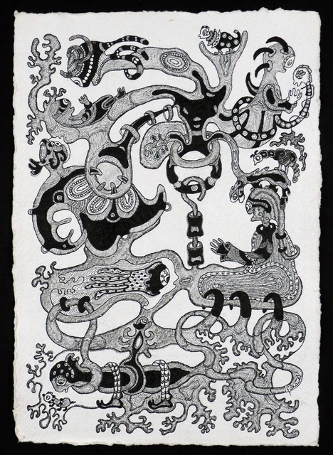 Peinture Sur Toile Art Brut Outsider 2009 - John Siune (œuvre Originale)