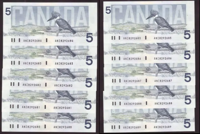 10x 1986 Canada $5 consecutive notes Knight Theissen ANI 8292680-89 CH UNC