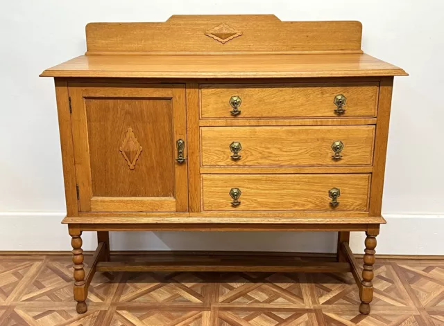 Edwardian Arts And Crafts Golden Oak Sideboard 3 Drawers And Cupboard