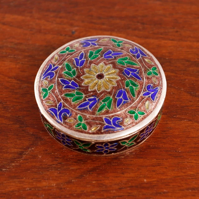 Asian Sterling Silver Gilt & Enamel Decorated Box Circular Floral & Foliate