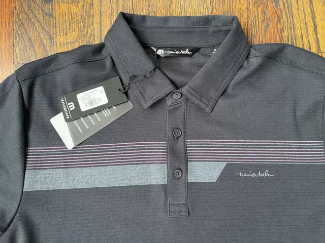 New Travis Mathew Chest Stripe Tidal Wave Black Golf Polo Shirt Medium Nwt