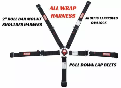 Kids Race Harness Sfi 16.1 5 Point Cam Lock Roll Bar Mount All Wrap Black