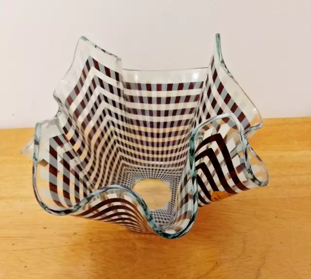 Vintage Retro Brown & White Check Chance Glass Handkerchief Vase Bowl MCM