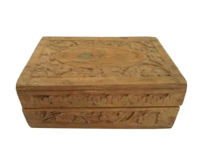 Vintage Carved Ornate Wooden Box with Blue Inlay & Floral Accent Handmade, India