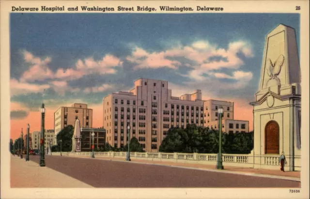 Delaware Hospital & Washington Street Bridge Wilmington DE ~1940s linen postcard