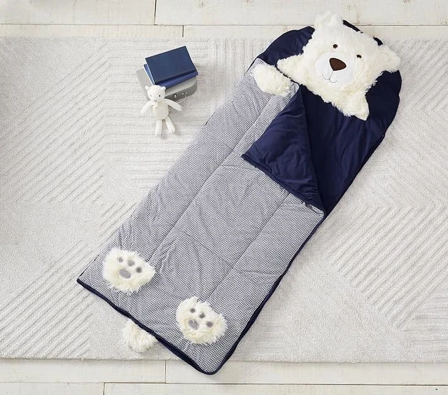 Pottery Barn- Shaggy Bear Sleeping Bag- Monogramed ALIAH- Navy Checked